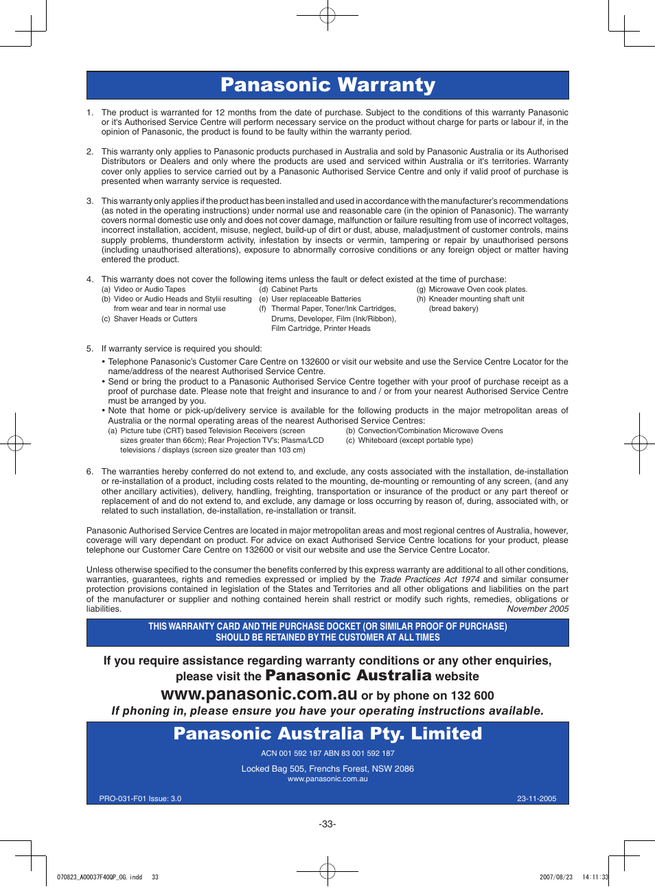 Panasonic warranty, Panasonic australia pty. limited, Panasonic australia | Website | Panasonic NN-CD987W User Manual | Page 35 / 35