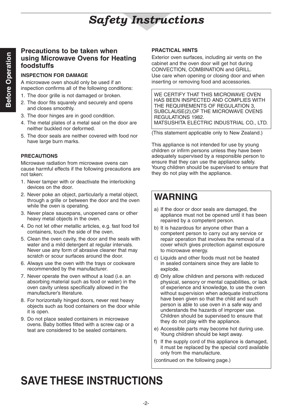 Safety instructions, Save these instructions, Warning | Bef ore operation | Panasonic NN-CD987W User Manual | Page 4 / 35