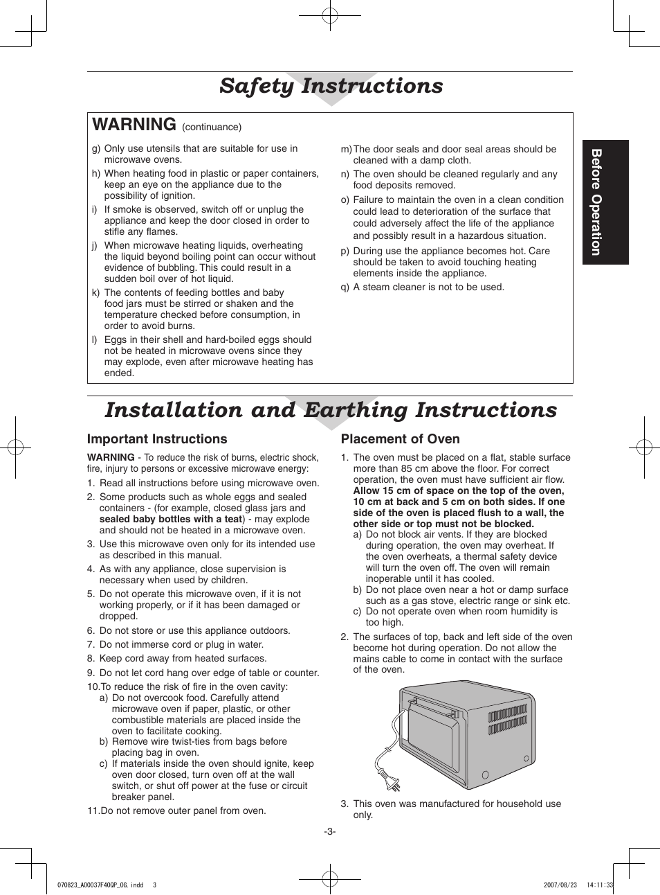 Safety instructions, Installation and earthing instructions, Warning | Bef ore operation, Important instructions, Placement of oven | Panasonic NN-CD987W User Manual | Page 5 / 35