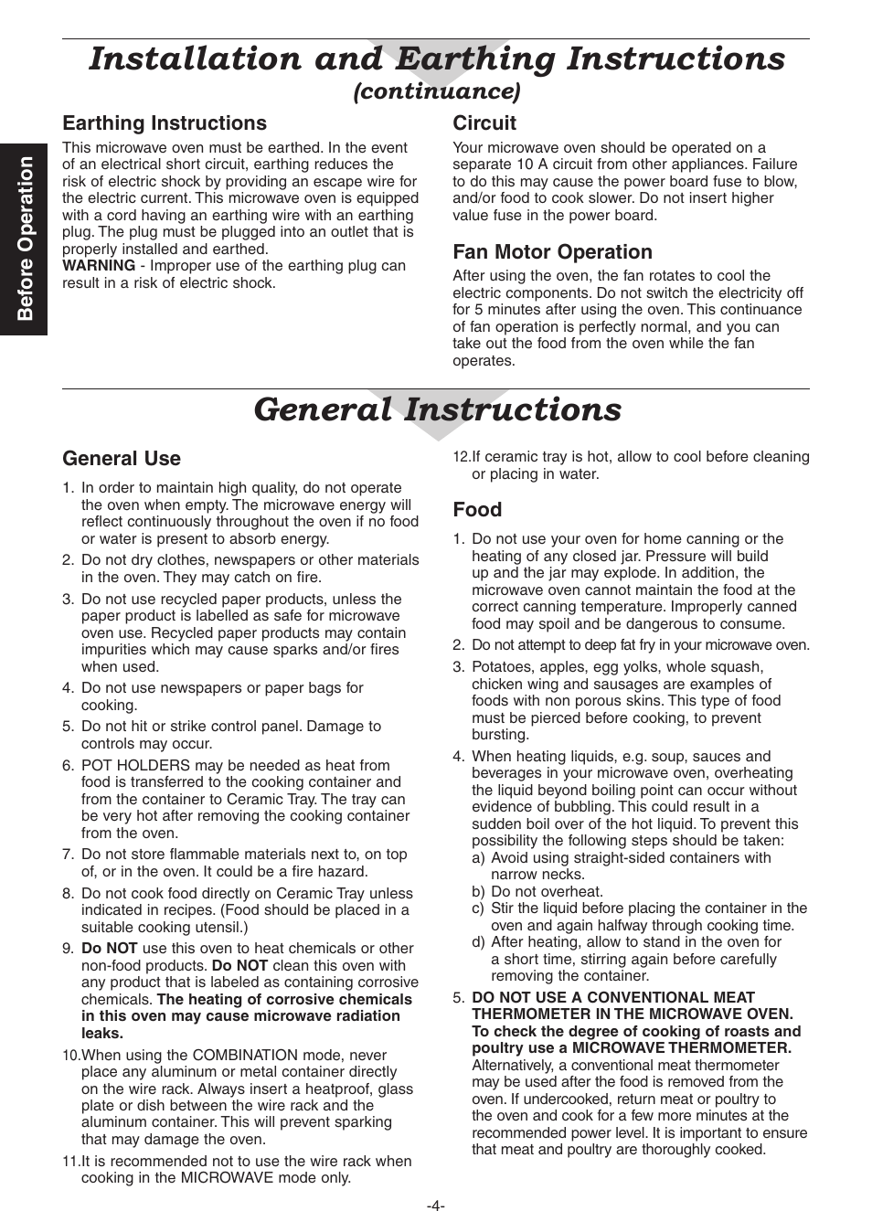 Installation and earthing instructions, General instructions, Continuance) | Bef ore operation, General use, Earthing instructions, Circuit, Fan motor operation, Food | Panasonic NN-CD987W User Manual | Page 6 / 35