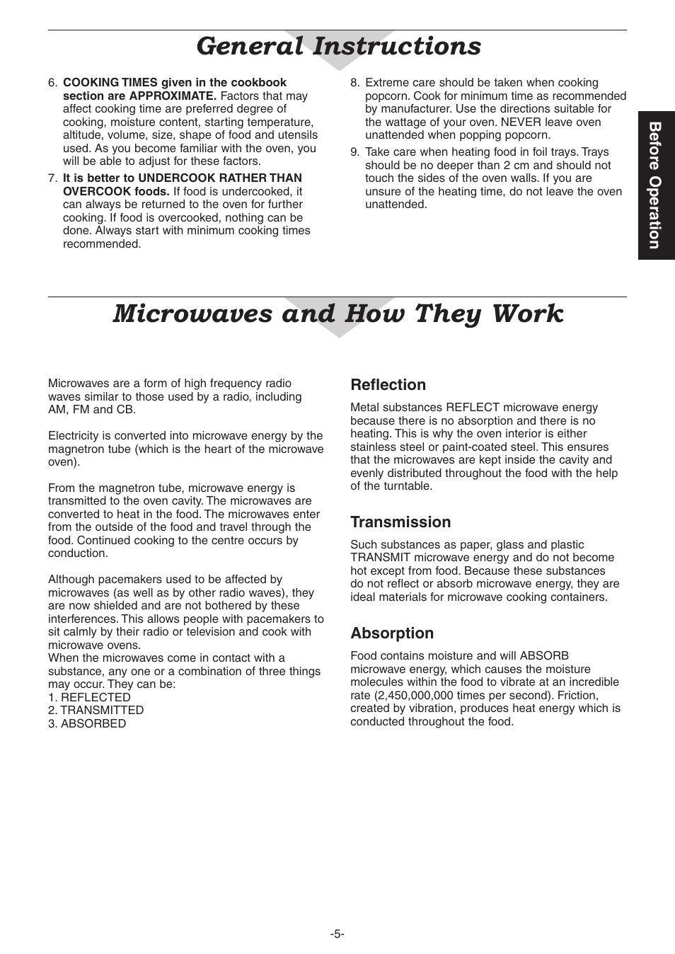 General instructions, Microwaves and how they work, Bef ore operation | Reflection, Transmission, Absorption | Panasonic NN-CD987W User Manual | Page 7 / 35