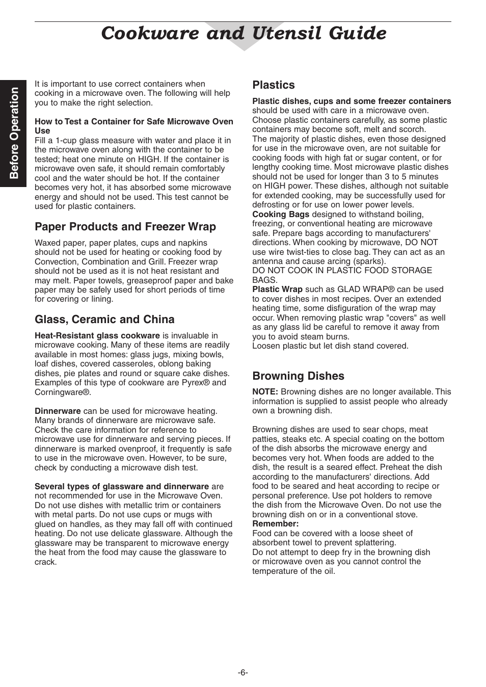 Cookware and utensil guide, Bef ore operation, Plastics | Browning dishes, Paper products and freezer wrap, Glass, ceramic and china | Panasonic NN-CD987W User Manual | Page 8 / 35