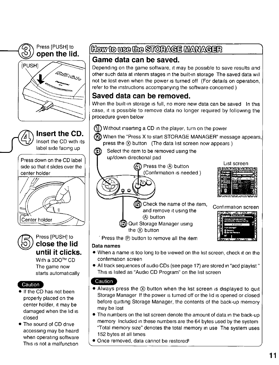 Insert the cd, Close the lid until it clicks, Game data can be saved | Saved data can be removed, Open the lid. insert the cd | Panasonic 3DO INteractive Multiplayer FZ-10 User Manual | Page 11 / 20