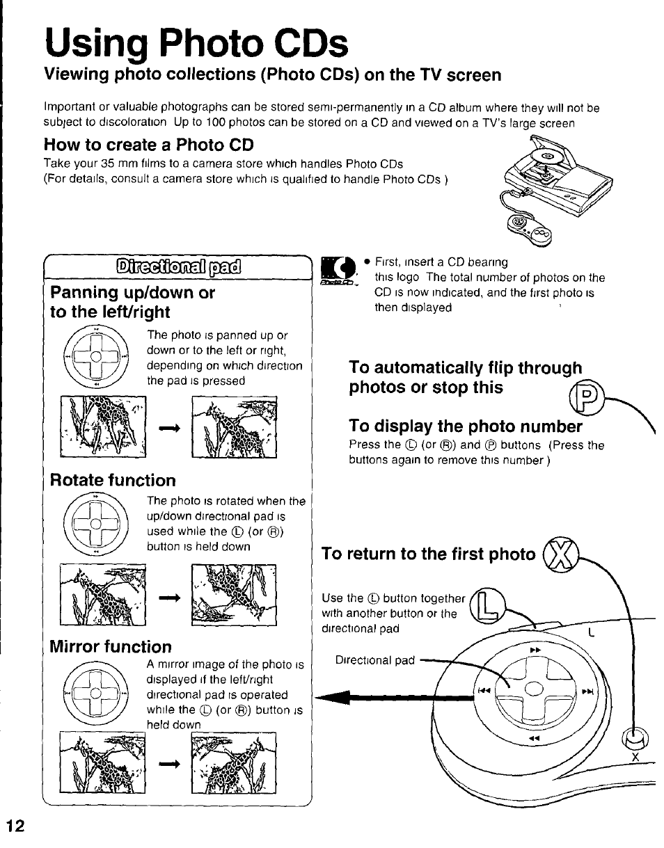 How to create a photo cd, Panning up/down or to the left/right, Rotate function | Mirror function, To automatically flip through photos or stop this, To display the photo number, Using photo cds, Imsissoied («ail | Panasonic 3DO INteractive Multiplayer FZ-10 User Manual | Page 12 / 20