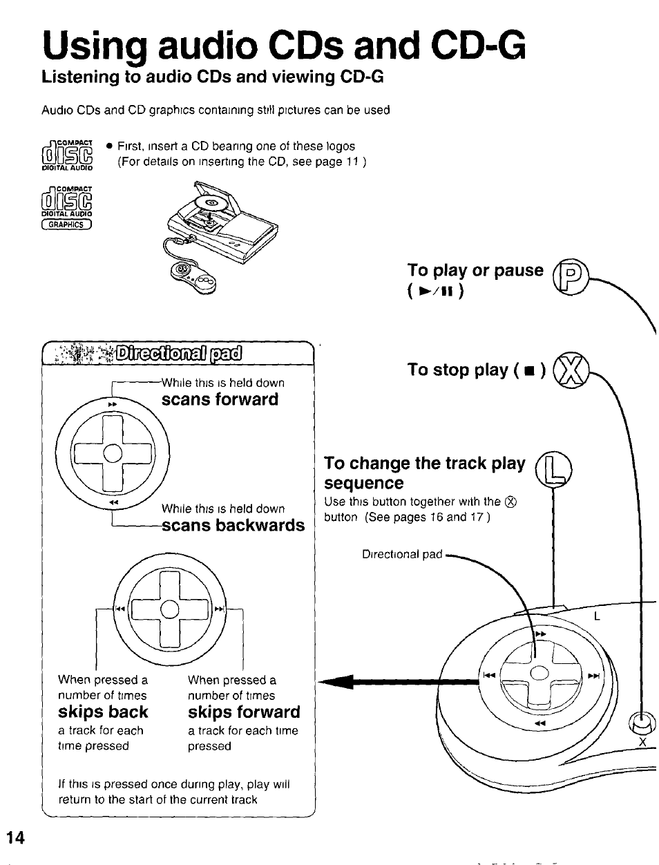 Listening to audio cds and viewing cd-g, To play or pause (►/"), Using audio cds and cd-g | Panasonic 3DO INteractive Multiplayer FZ-10 User Manual | Page 14 / 20