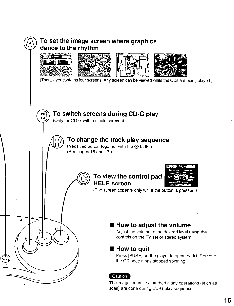 Qj] to switch screens during cd-g play, To change the track play sequence, To view the control pad help screen | How to adjust the volume, How to quit | Panasonic 3DO INteractive Multiplayer FZ-10 User Manual | Page 15 / 20