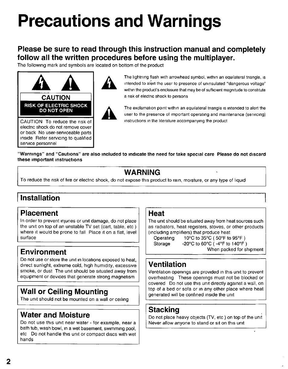 Warning, Installation, Placement | Environment, Wail or ceiling mounting, Water and moisture, Heat, Ventilation, Stacking, Precautions and warnings | Panasonic 3DO INteractive Multiplayer FZ-10 User Manual | Page 2 / 20