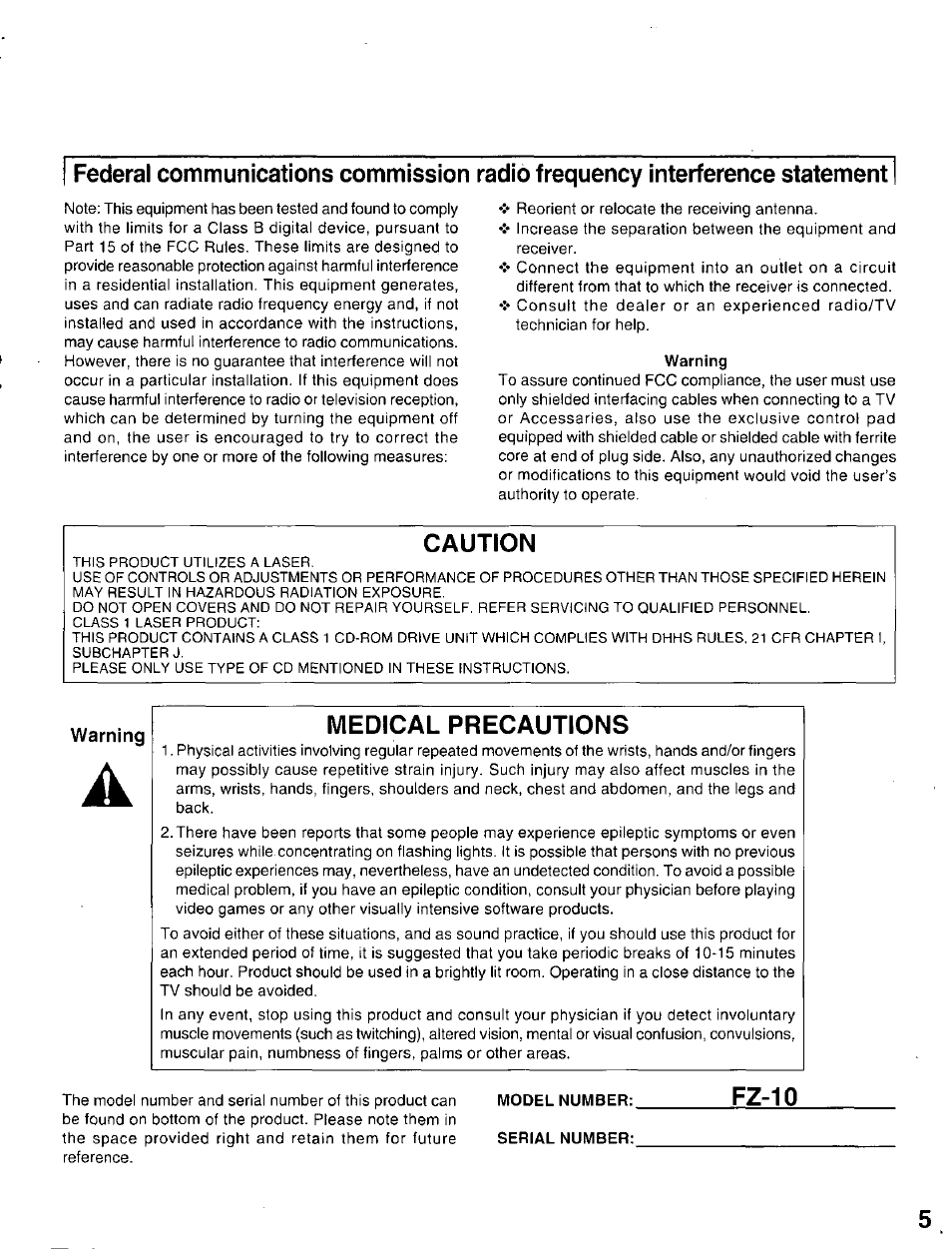 Caution, Medical precautions, Fz-10 | Panasonic 3DO INteractive Multiplayer FZ-10 User Manual | Page 5 / 20