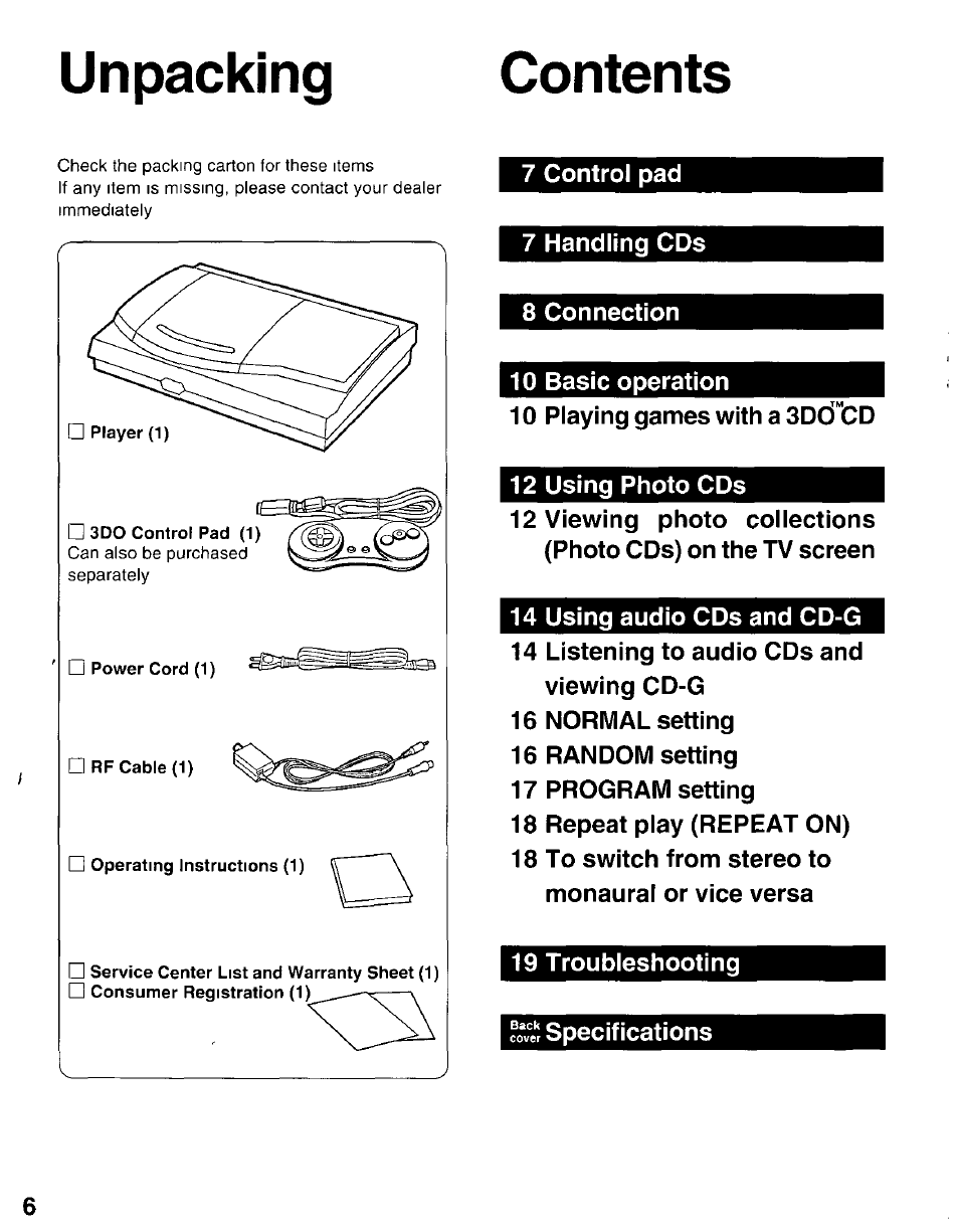 Unpacking contents | Panasonic 3DO INteractive Multiplayer FZ-10 User Manual | Page 6 / 20
