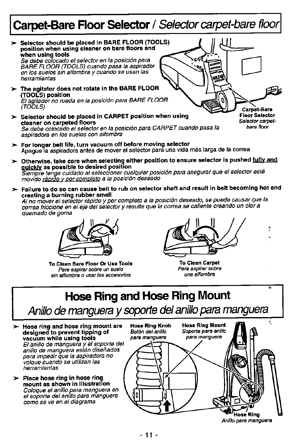 Hose ring and hose ring mount, Carpet-bare roor selector, Selector carpet-bate floor | Panasonic QUICKDRAW MC-V5746 User Manual | Page 11 / 24