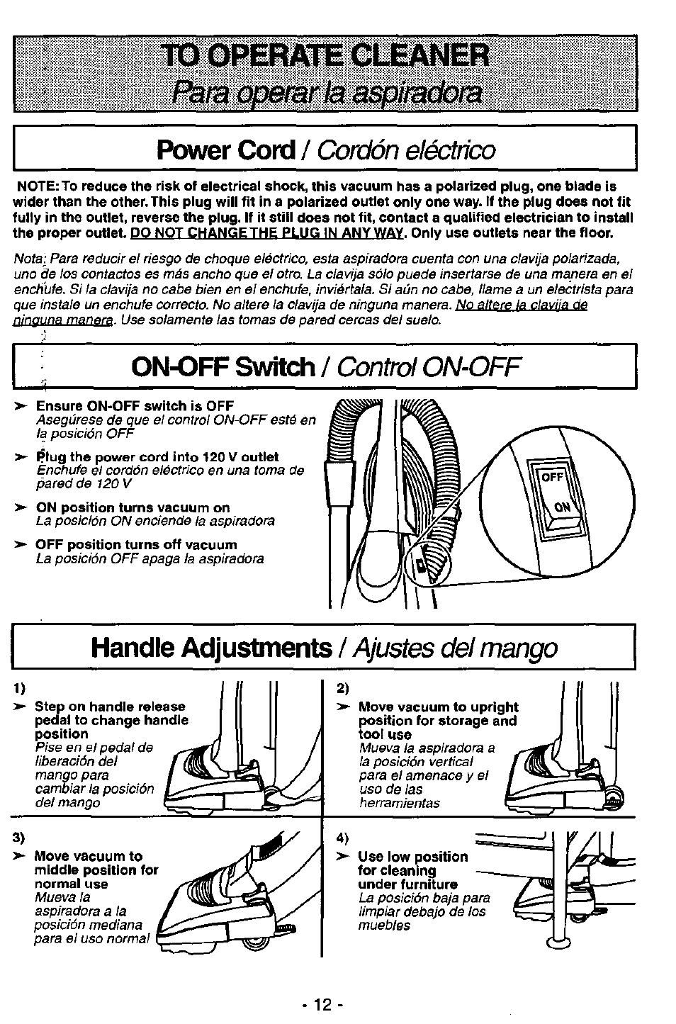 On-off switch / control on-off, Handle adjustments / ajustes del mango, Power cord | On-off switch, Handle adjustments, Psmc^i&tearkia^ktsácm, Cordón eléctrico, Control on-off, Ajustes del mango | Panasonic QUICKDRAW MC-V5746 User Manual | Page 12 / 24