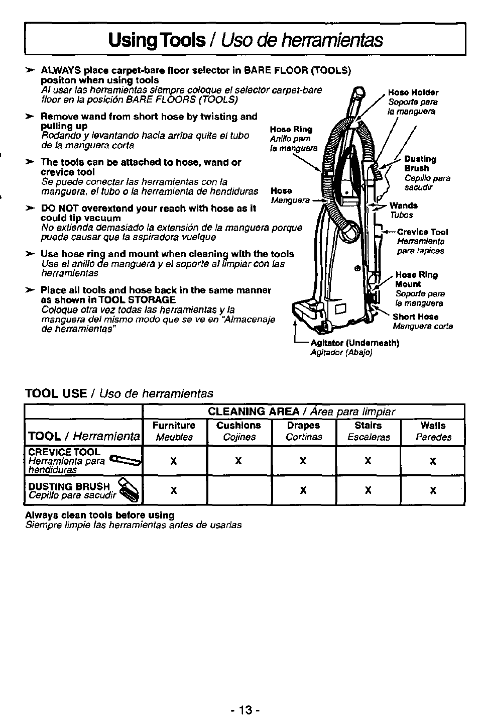 Using tools, Uso de heiramientas, Tool use / uso de herramientas | Herramienta | Panasonic QUICKDRAW MC-V5746 User Manual | Page 13 / 24