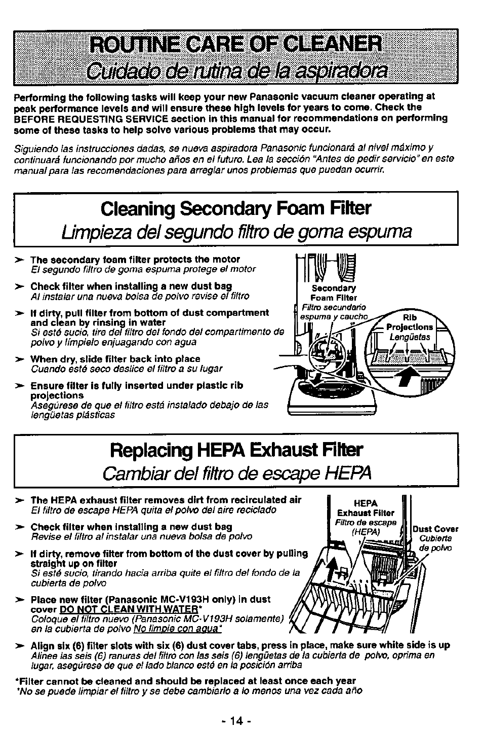 Cleaning secondary foam riter, Replacing hefv\ exhaust riter, Limpieza del segundo filtro de goma espuma | Cambiar del filtro de escape hepa | Panasonic QUICKDRAW MC-V5746 User Manual | Page 14 / 24