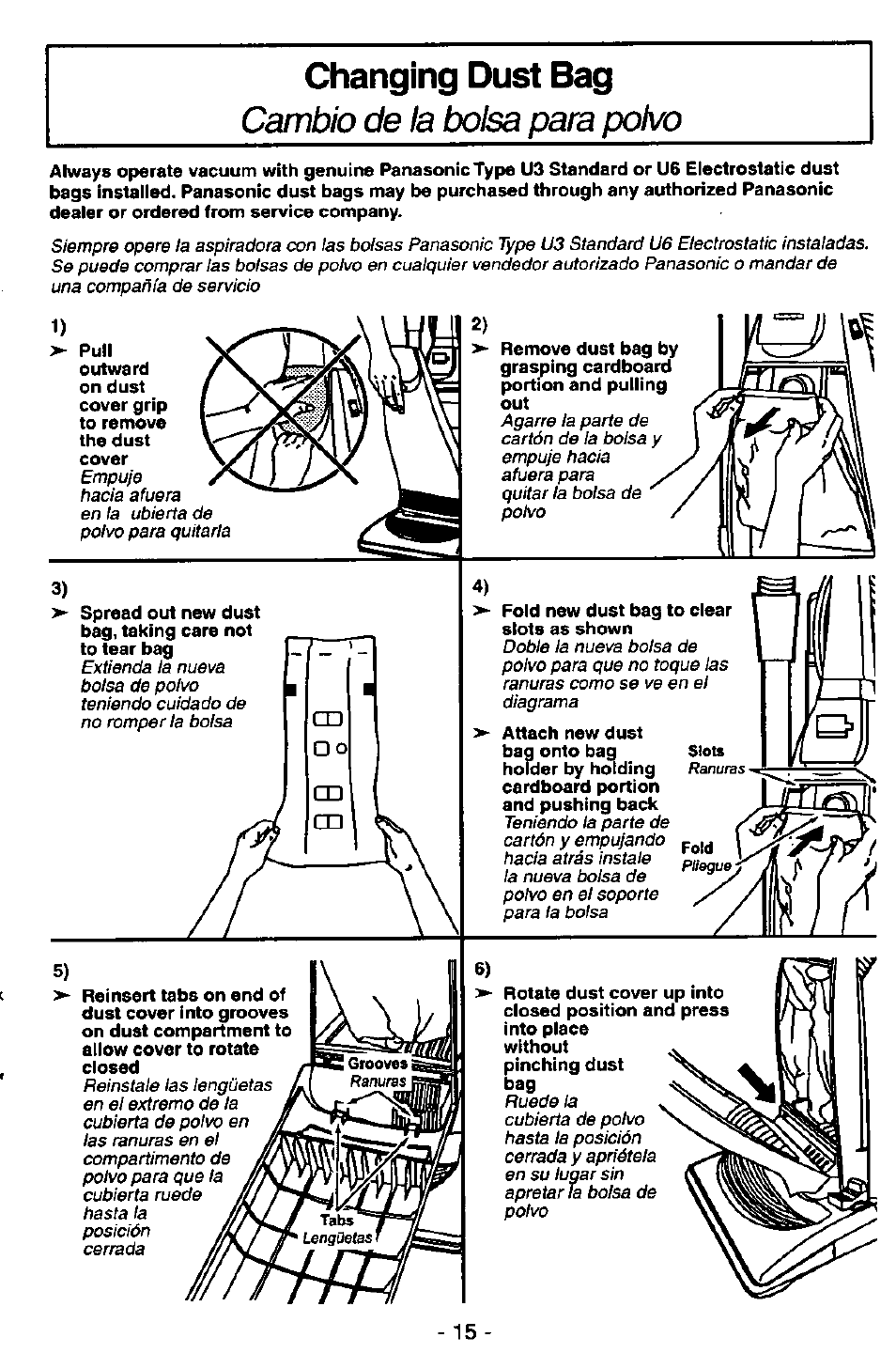 Changing dust bag, Cambio de la bolsa para polvo, Pr- 1 m ■ □ o ш ш | Panasonic QUICKDRAW MC-V5746 User Manual | Page 15 / 24