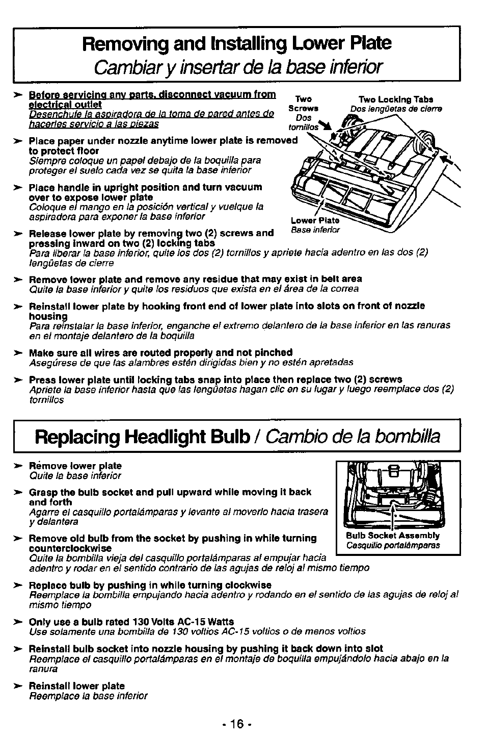 Removing and installing lower plate, Replacing headlight bulb / cambio de la bombilla, Replacing headlight bulb | Cambiar y insertar de la base inferior, Cambio de la bombilla | Panasonic QUICKDRAW MC-V5746 User Manual | Page 16 / 24