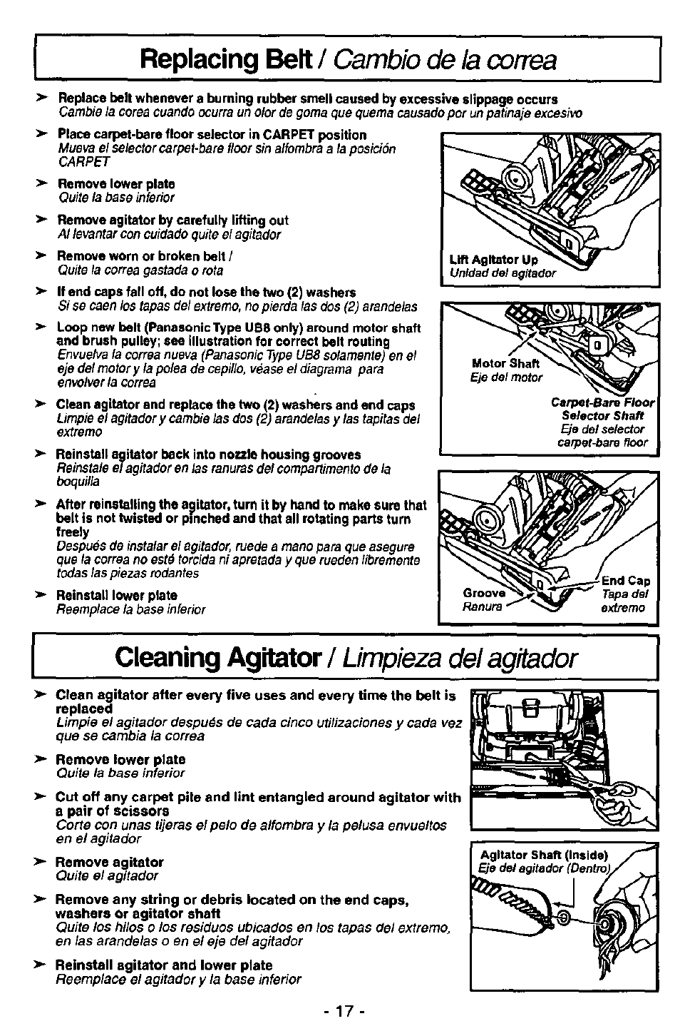Replacing bett, Cleaning agitator, Cambio de la correa | Limpieza del agitador | Panasonic QUICKDRAW MC-V5746 User Manual | Page 17 / 24