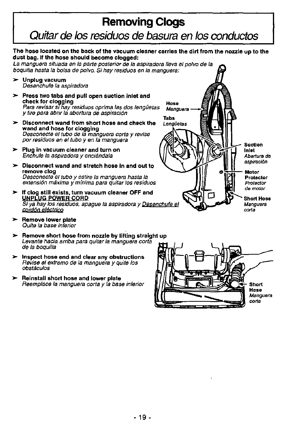 Removing clogs, Quitar de los residues de basura en los conductos | Panasonic QUICKDRAW MC-V5746 User Manual | Page 19 / 24