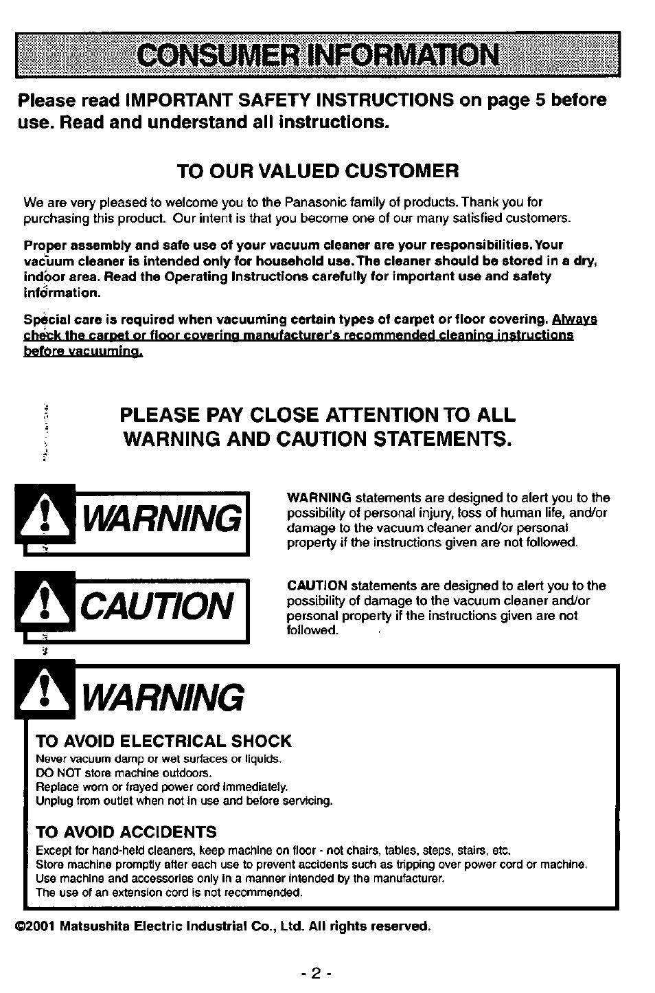 Consumer information, Awarning, Caution | Warning | Panasonic QUICKDRAW MC-V5746 User Manual | Page 2 / 24