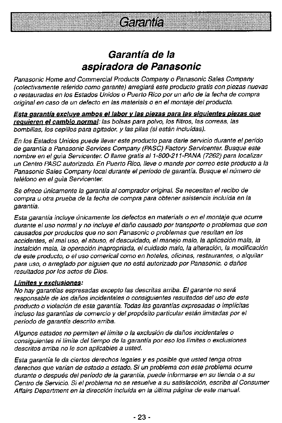 Ga/anf/a garantía de la aspiradora de panasonic | Panasonic QUICKDRAW MC-V5746 User Manual | Page 23 / 24