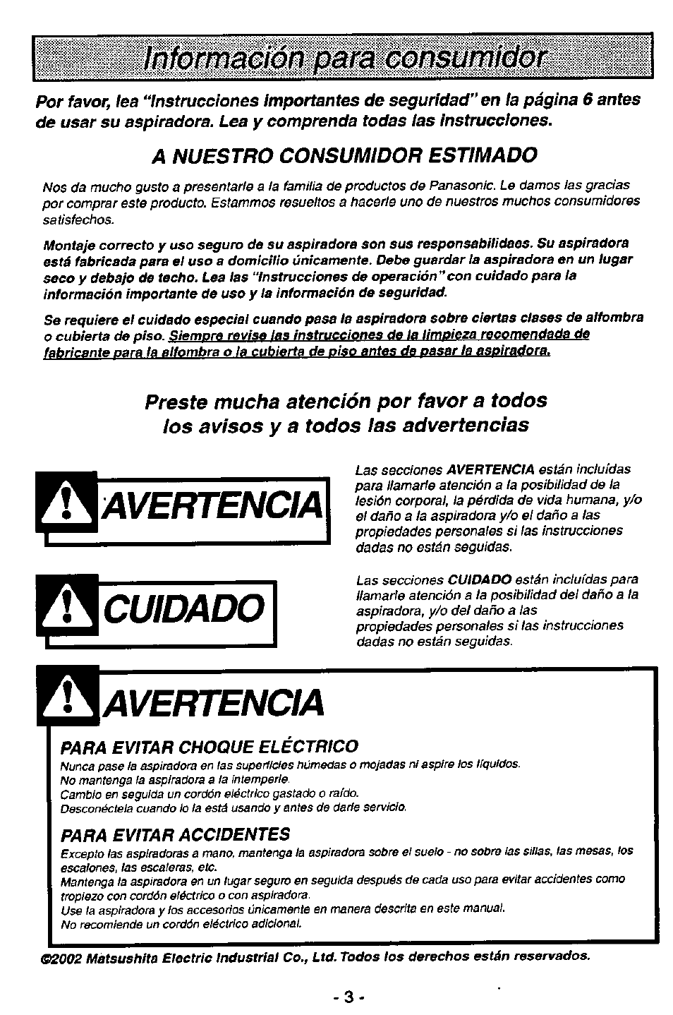 Avertencia, Cuidado, Información para consumidor | Panasonic QUICKDRAW MC-V5746 User Manual | Page 3 / 24