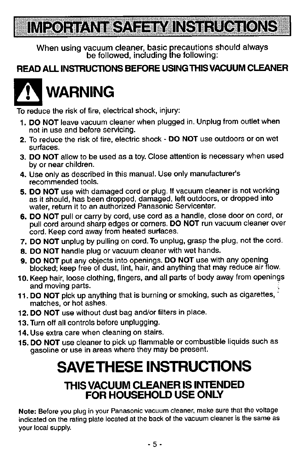 Importai^ sxlsty, Warning, Savethese instructions | Panasonic QUICKDRAW MC-V5746 User Manual | Page 5 / 24