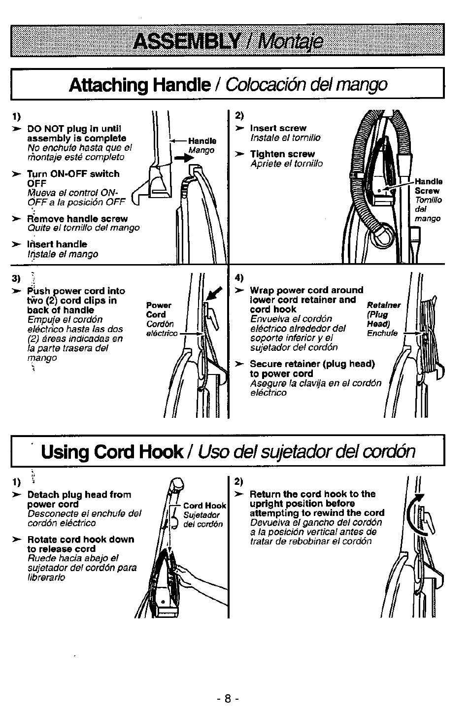 Assbmiy / montaje, I attaching handle, Using cord hook | Colocación del mango, Uso del sujetador del cordón | Panasonic QUICKDRAW MC-V5746 User Manual | Page 8 / 24