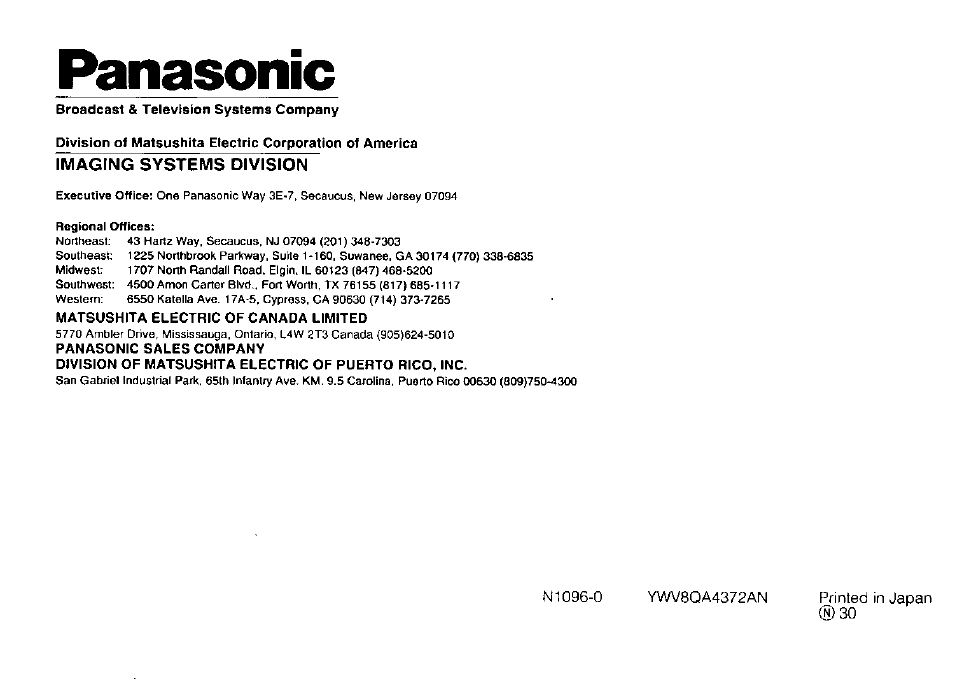 Panasonic, Imaging systems division | Panasonic WV-PS11B User Manual | Page 12 / 12