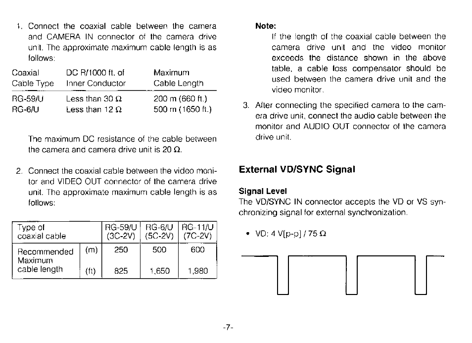 Note, External vd/sync signal, Signal level | Panasonic WV-PS11B User Manual | Page 9 / 12
