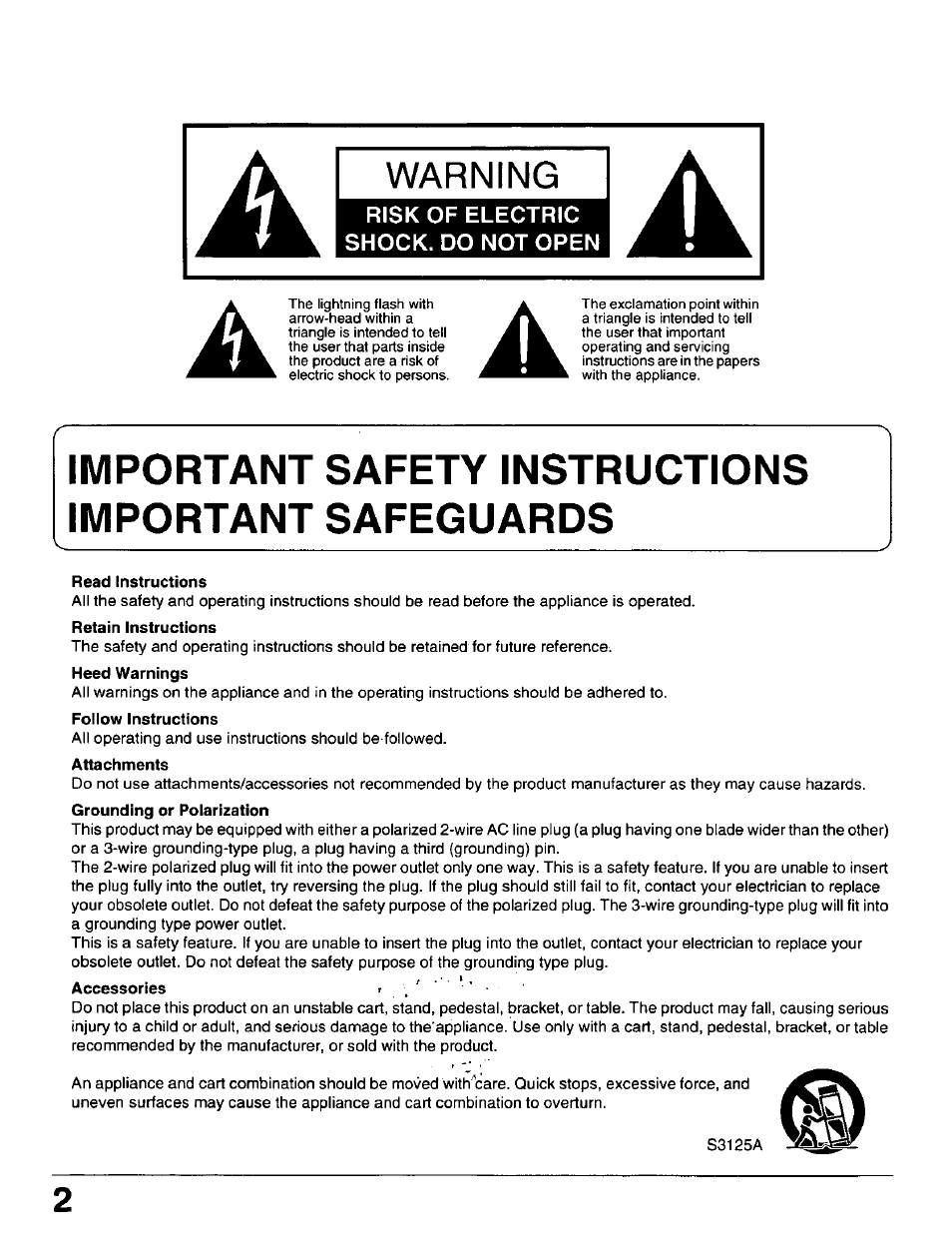 Read instructions, Retain instructions, Foiiow instructions | Attachments, Important safety instructions important safeguards, Warning | Panasonic PT 37P1 User Manual | Page 2 / 36