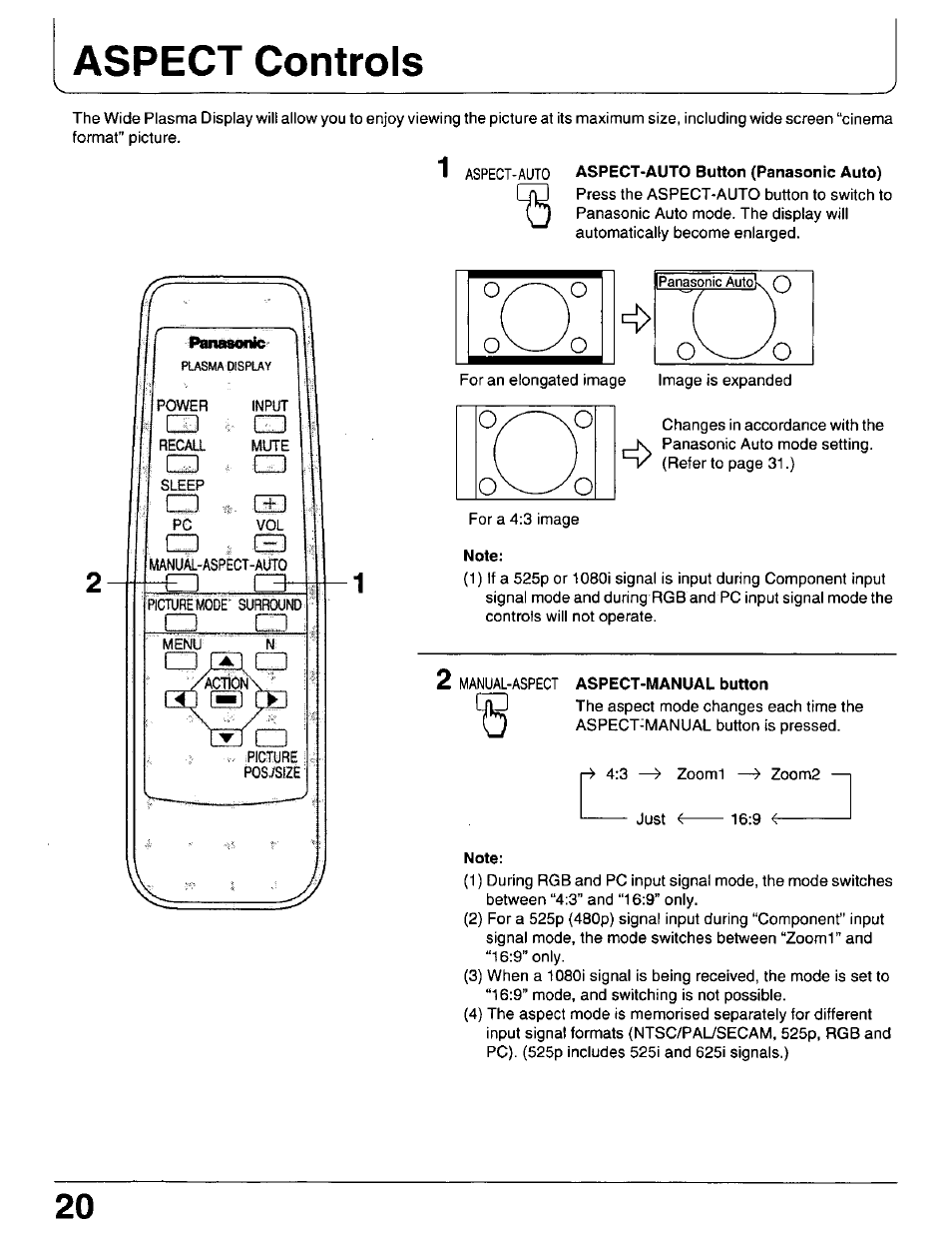 Aspect-auto button (panasonic auto), Note, Aspect controls | Panasonic PT 37P1 User Manual | Page 20 / 36