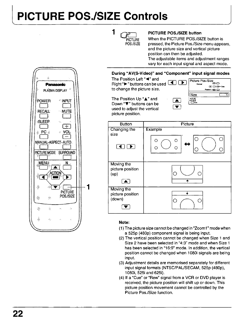 Picture pos./size button, Note, Picture pos./size controls | Panasonic PT 37P1 User Manual | Page 22 / 36