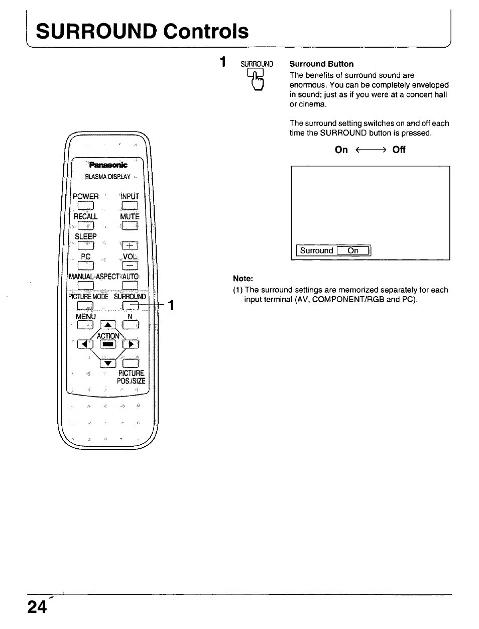 Surround button, Note, Surround controls | Panasonic PT 37P1 User Manual | Page 24 / 36