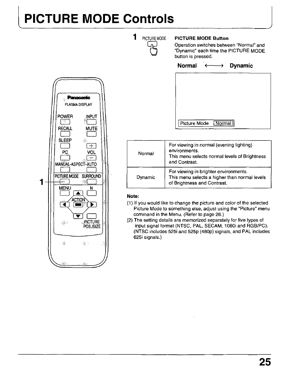 Picture mode button, Normal, Dynamic | Note, Picture mode controls | Panasonic PT 37P1 User Manual | Page 25 / 36