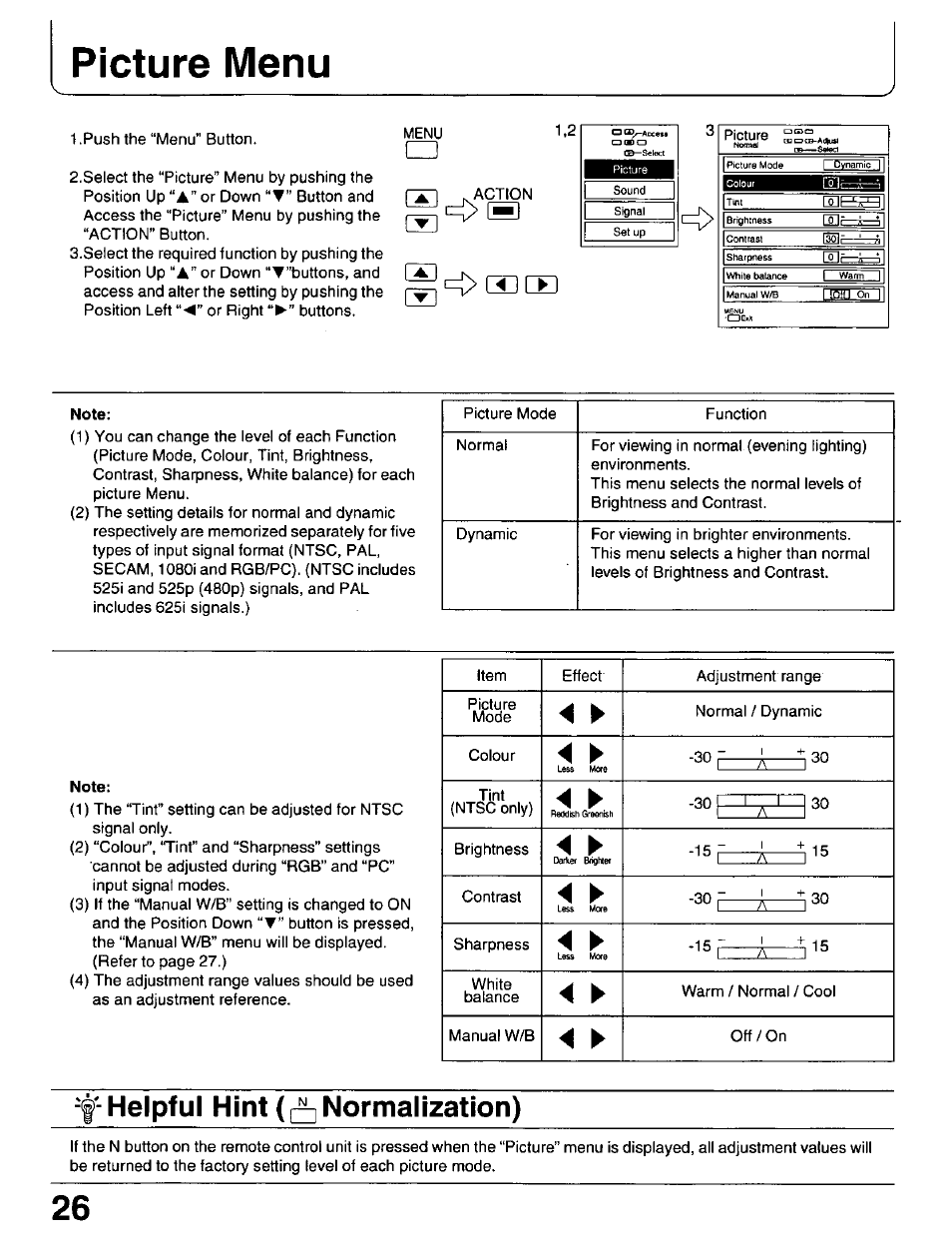 Note, Picture menu, F-helpful hint (¿normalization) | O 3][e | Panasonic PT 37P1 User Manual | Page 26 / 36