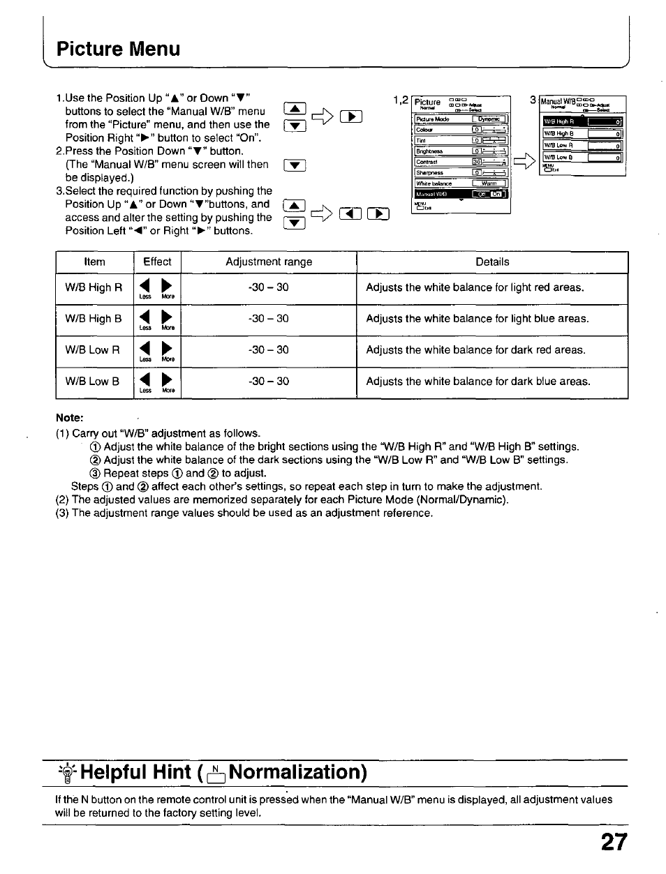 Picture menu, Note, Helpful hint ([^normalization) | Item effect adjustment range details w/b high r | Panasonic PT 37P1 User Manual | Page 27 / 36