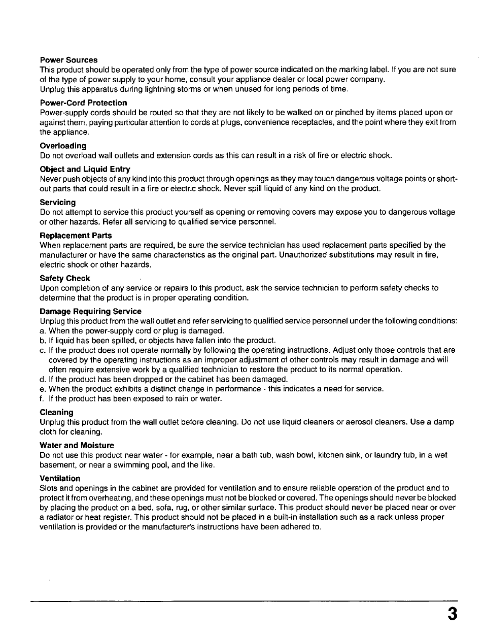 Power sources, Power-cord protection, Water and moisture | Ventilation | Panasonic PT 37P1 User Manual | Page 3 / 36