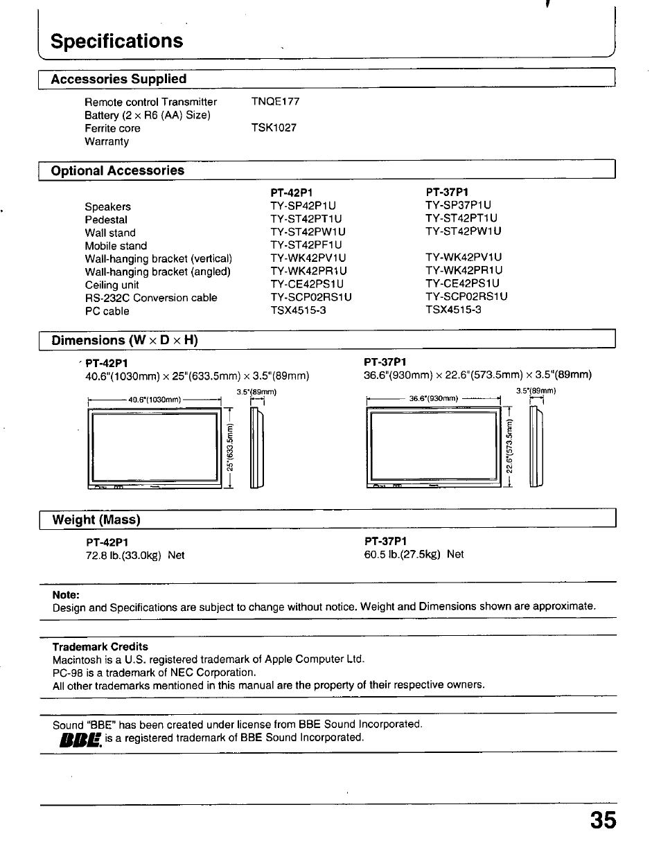 Accessories supplied, Optional accessories, Pt-42p1 | Pt-37p1, Dimensions (w x d x h), Note, Trademark credits, Specifications | Panasonic PT 37P1 User Manual | Page 35 / 36