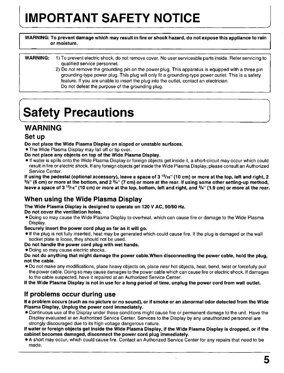 Warning, Safety precautions, Important safety notice | Set up, When using the wide plasma display, If problems occur during use | Panasonic PT 37P1 User Manual | Page 5 / 36