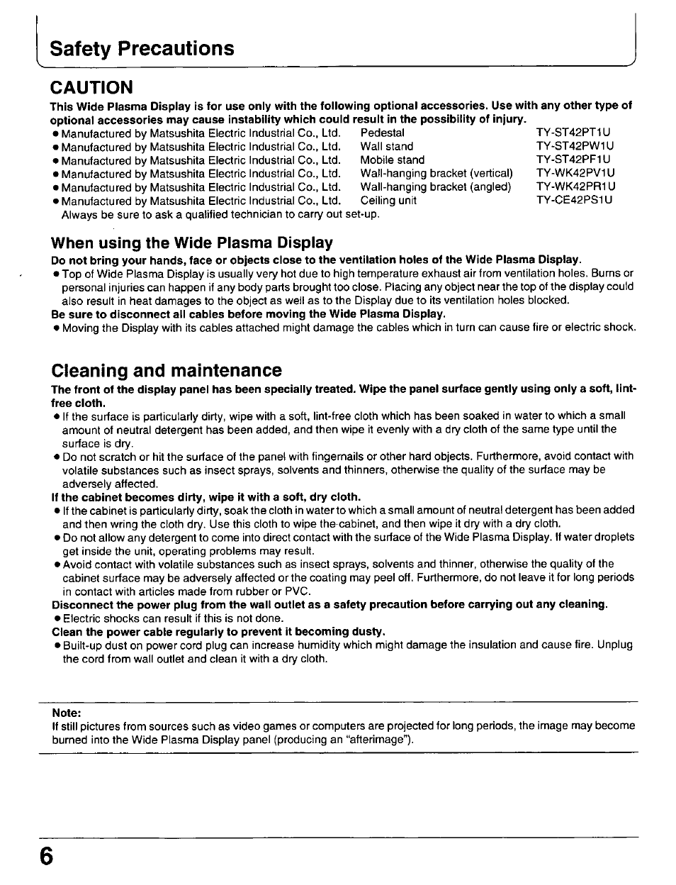 Safety precautions, Caution, Cleaning and maintenance | Note, When using the wide plasma display | Panasonic PT 37P1 User Manual | Page 6 / 36