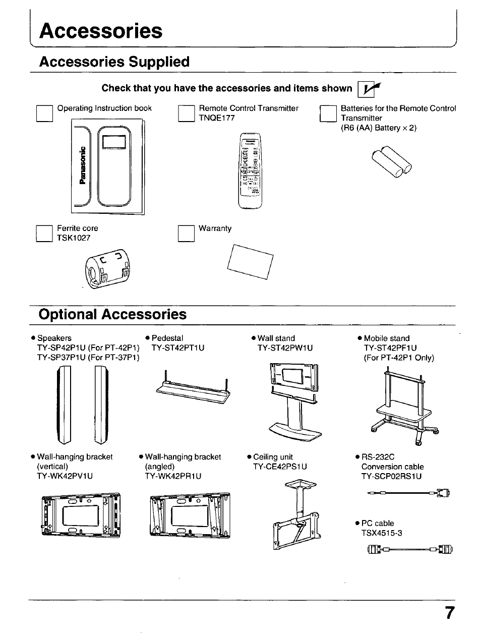 Accessories supplied, Optional accessories, Accessories | Panasonic PT 37P1 User Manual | Page 7 / 36