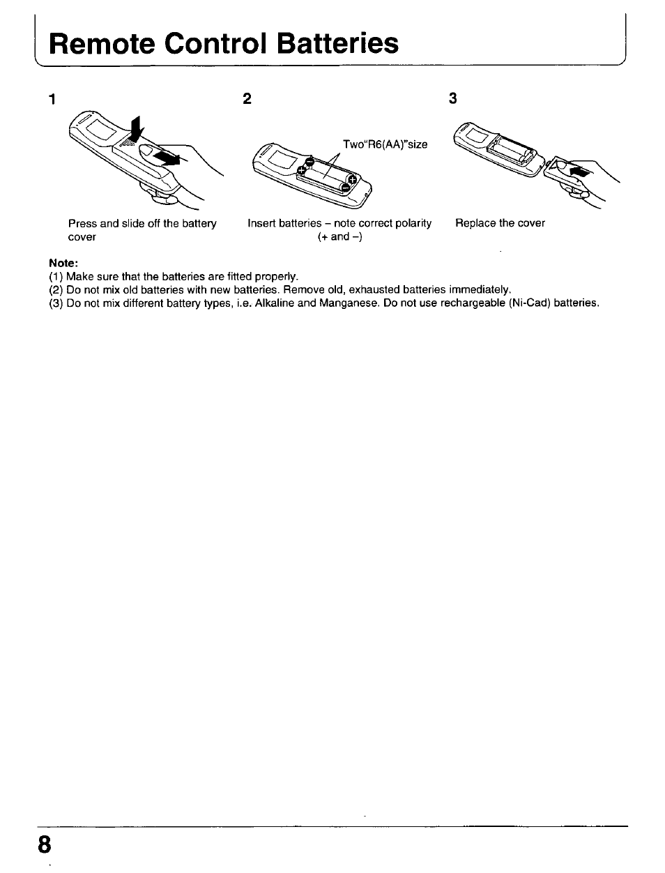 Note, Remote control batteries | Panasonic PT 37P1 User Manual | Page 8 / 36