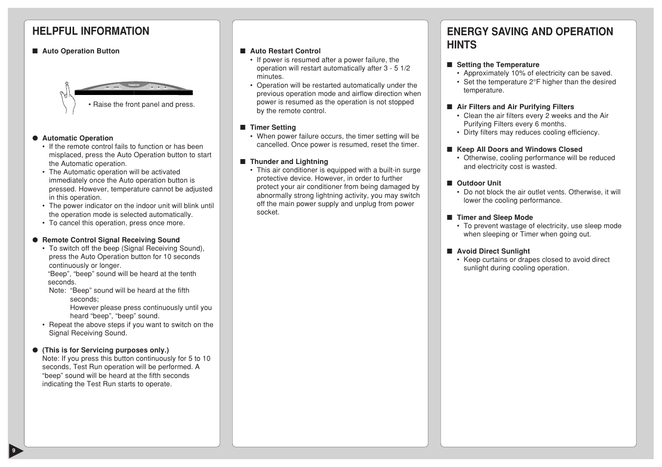 Helpful information, Energy saving and operation hints | Panasonic CU-C24BKP6 User Manual | Page 10 / 22