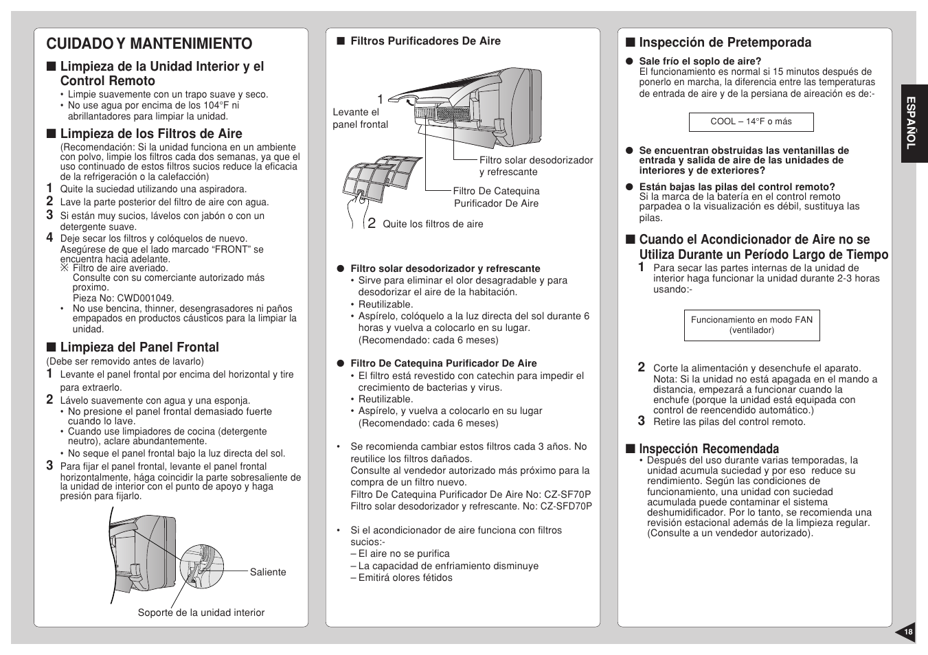 Cuidado y mantenimiento | Panasonic CU-C24BKP6 User Manual | Page 19 / 22