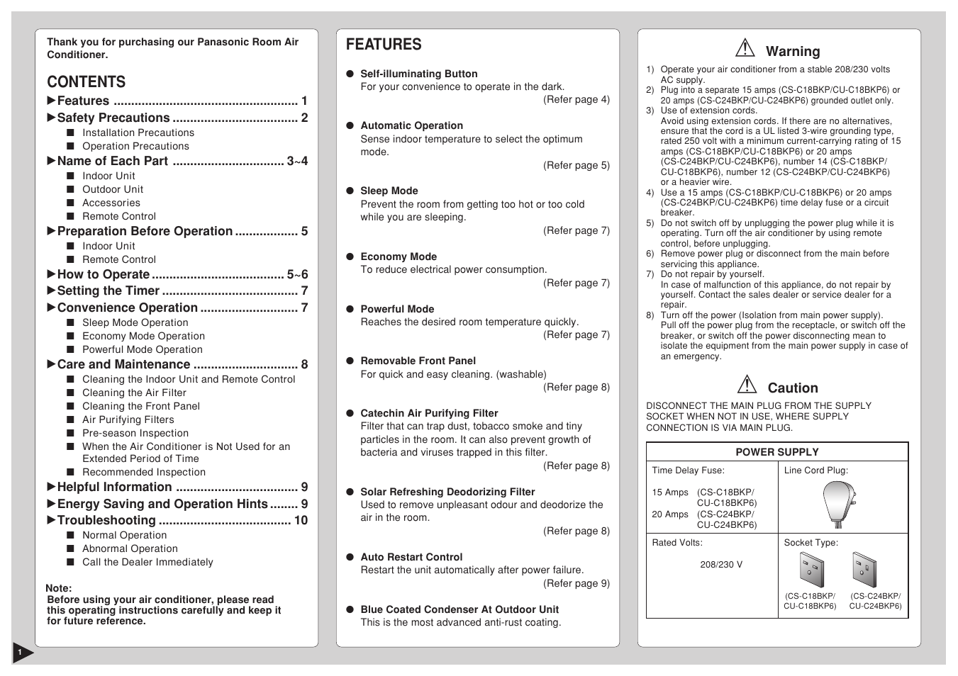 Panasonic CU-C24BKP6 User Manual | Page 2 / 22