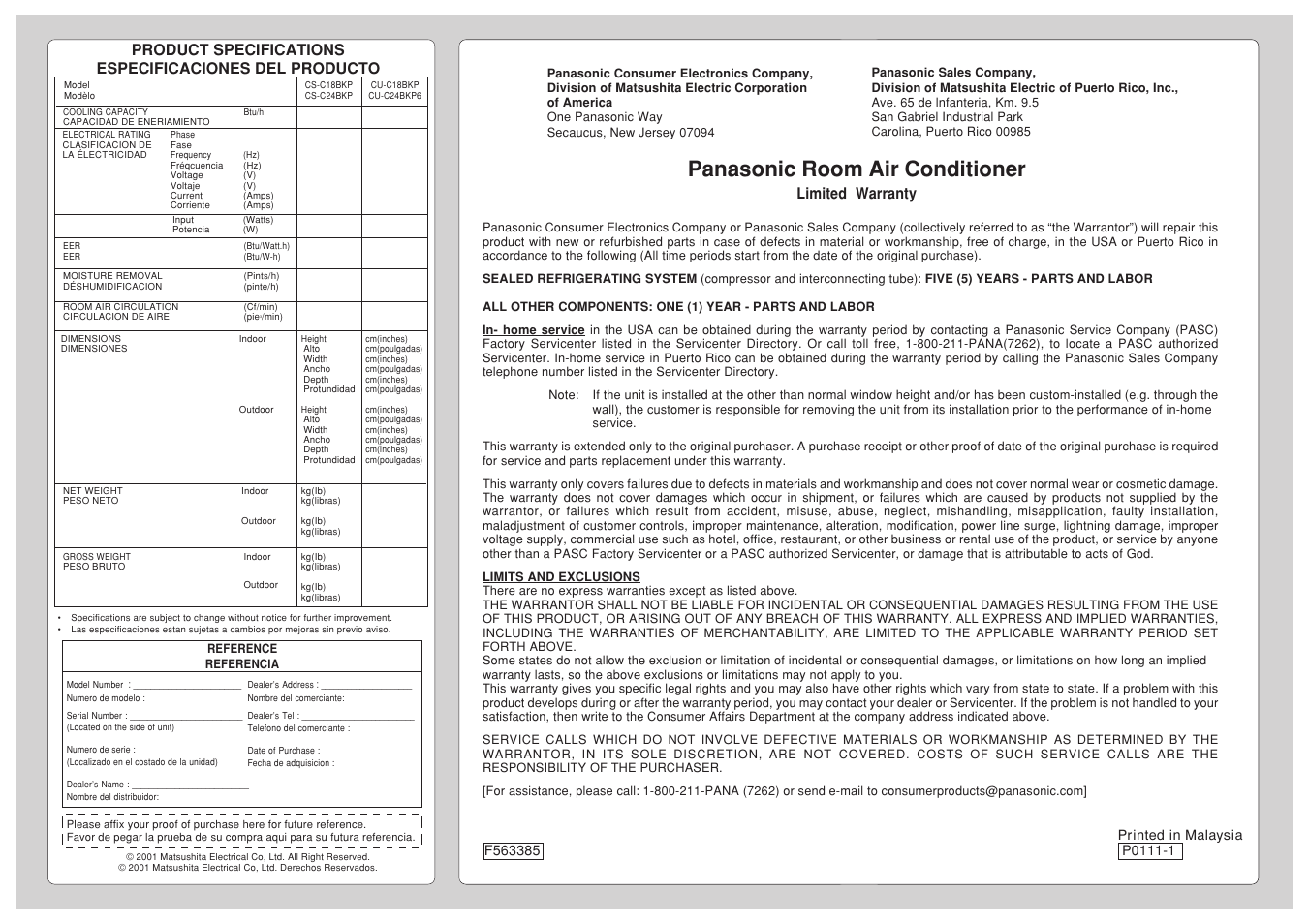 Panasonic room air conditioner, Limited warranty | Panasonic CU-C24BKP6 User Manual | Page 22 / 22