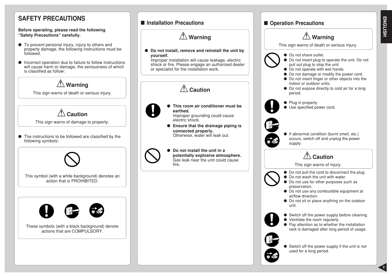 Safety precautions, Installation precautions, Operation precautions | Panasonic CU-C24BKP6 User Manual | Page 3 / 22