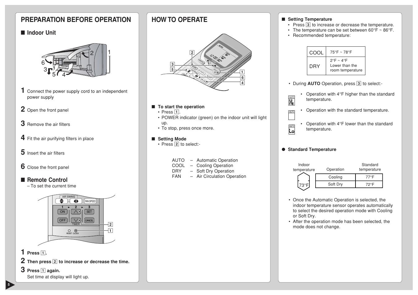 Preparation before operation, Indoor unit, Remote control | How to operate | Panasonic CU-C24BKP6 User Manual | Page 6 / 22