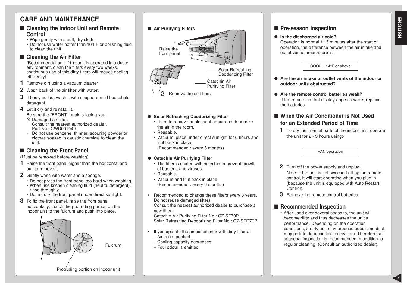 Care and maintenance, Cleaning the indoor unit and remote control, Cleaning the air filter | Cleaning the front panel, Air purifying filters, Pre-season inspection, Recommended inspection | Panasonic CU-C24BKP6 User Manual | Page 9 / 22