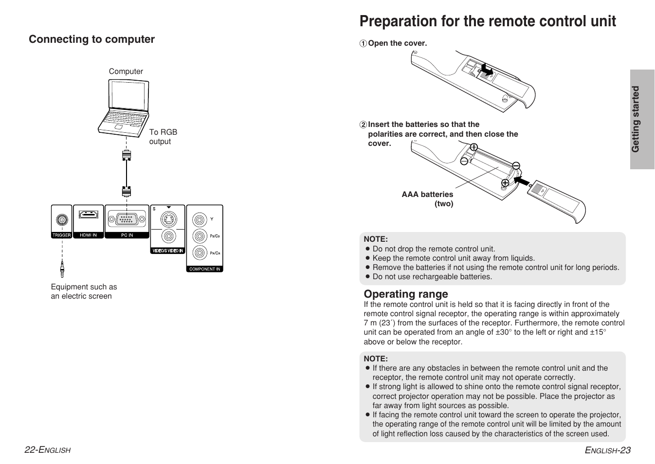 Preparation for the remote control unit | Panasonic PT-AE700U User Manual | Page 12 / 32