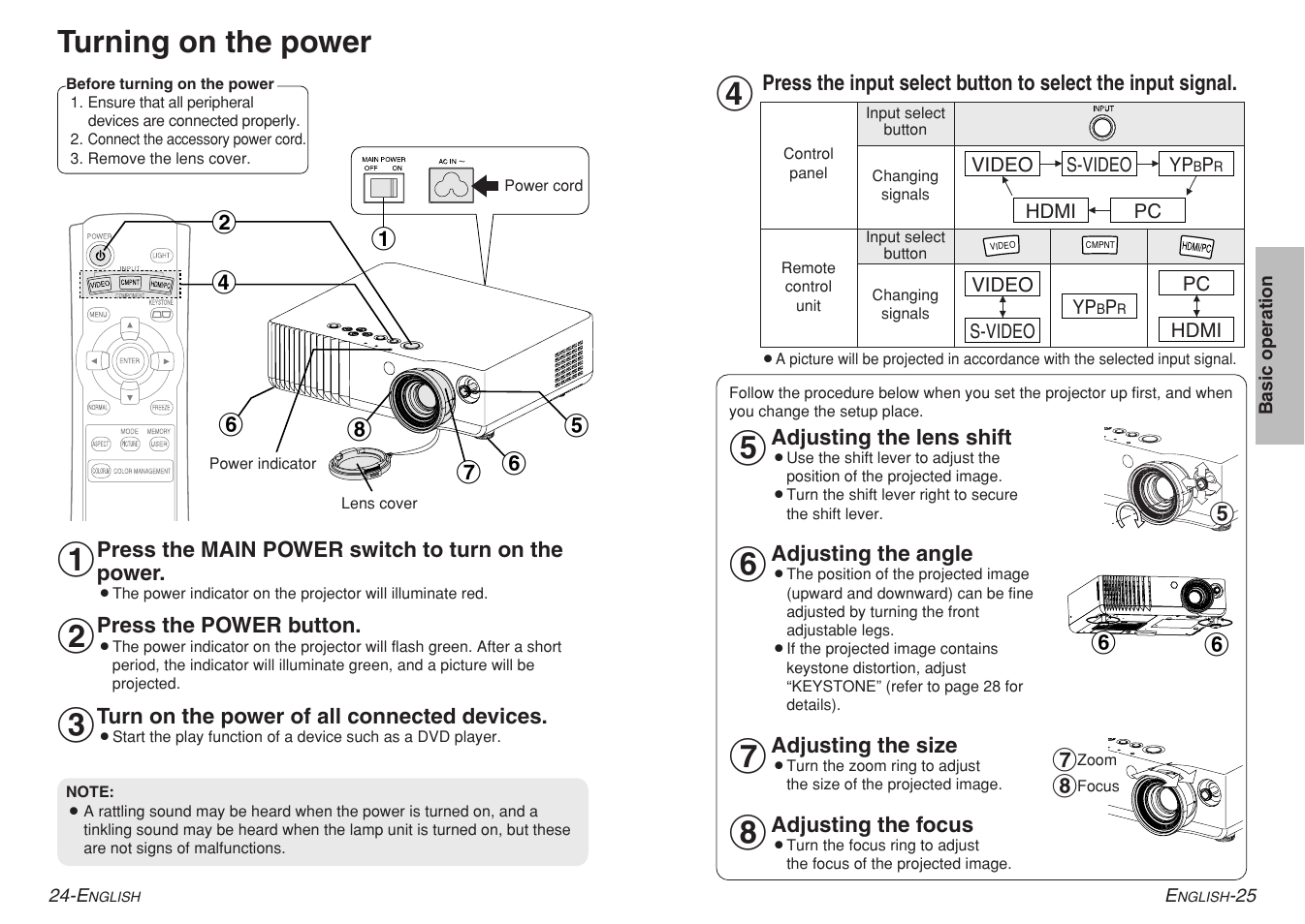 Turning on the power | Panasonic PT-AE700U User Manual | Page 13 / 32
